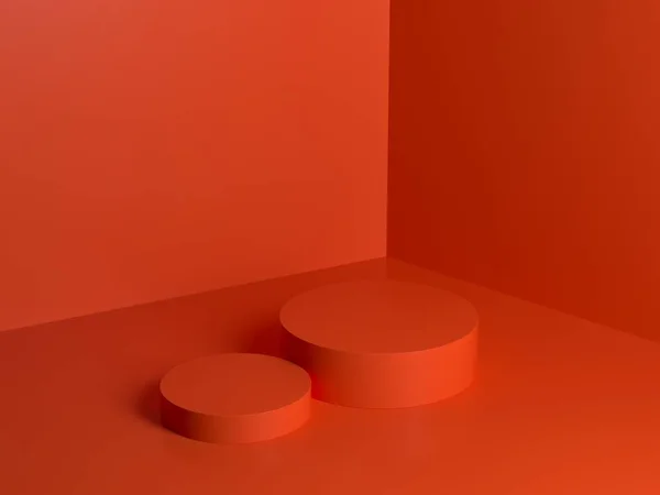 製品プレゼンテーションのための赤オレンジ色の抽象的な表彰台の組成高角度3Dレンダリング3Dイラスト — ストック写真