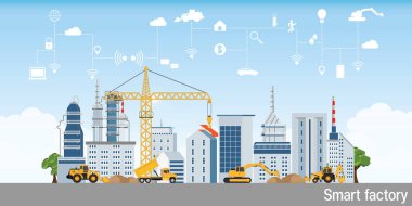 Smart industry factory. Industrial instruments in the factory with cyber and physical system icons, Internet, conceptual vector illustration.