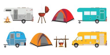 Colorful campers and retro caravan, various motorhome and tents. Summer vacation, holiday trip in motorhome, vector illustration.