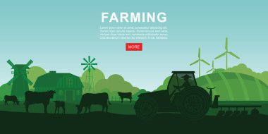 Farm animals silhouettes, Landscape of Agriculture industry.Farmer driving a tractor in farmland. Agriculture and animal husbandry concept, rural landscape, vector illustration.