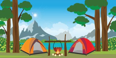 Summer camping. Forest landscape with lake, tent and campfire. Tent with bonfire on forest background.Camping concept with outdoor wild nature.Summer travel vector illustration.