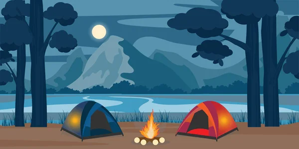 Mountain Night Camping Forest Landscape Lake Tent Campfire Sky Moon Grafika Wektorowa