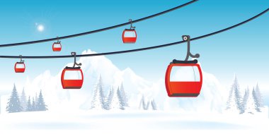 Cable cars or aerial lift on winter landscape with mountains. Nature background flat vector illustration.
