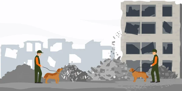 Tropas Busca Resgate Procuram Através Edifícios Destruídos Com Ajuda Cães —  Vetores de Stock