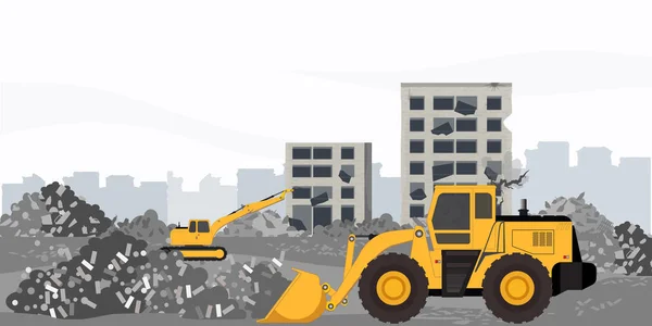 Excavadora Trabajando Escena Del Desastre Limpiando Los Escombros — Vector de stock