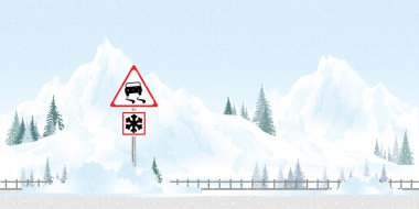 Uyarı levhası kışın sürüyor. Yol tabelası kışın buz ve kara karşı uyarıyor.