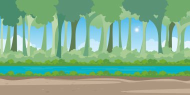 Yoğun yeşil bir ormanın karşısındaki tropikal nehre doğal pencere manzarası.