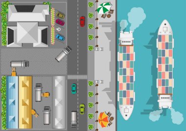 Standart nakliye konteynırlarıyla dolu kargo gemisinin üst görüntüsü.