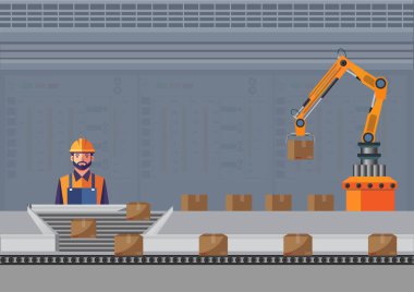 Konveyör hattı ve fabrikada robotik ekipmanlı işçi. Robot silahlar, Fabrika makineleri, Endüstriyel teknolojiler, Taşıyıcı bantlı Robotlar, kavramsal endüstri, Vektör illüstrasyonu.