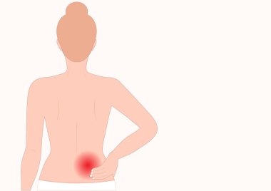 Sırtındaki ve belindeki kırmızı ağrı bölgesini vurgulayarak tıbbi ve sağlık hizmetleri için sırt ağrısını temsil ediyor. Vektör illüstrasyonu.
