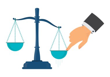 İnsan eli terazinin bir tarafına parmak basıyor. Kavramsal Adalet ve hukuk kavramı, dengesizlik. Vektör illüstrasyonu.