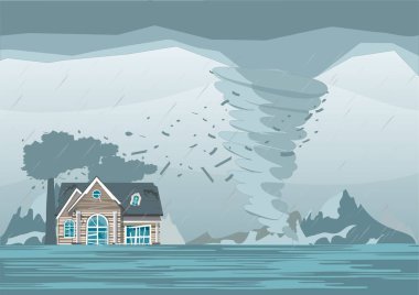 Fırtına Waterspout Twister 'ı, sel baskınını, Flat Concept Flat Vector Illustration' ı vurdu ve hasar gördü..