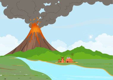 Volkan patlaması bölgede büyük bir kül bulutu yarattı. Doğal afet, vektör illüstrasyonu..