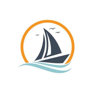 Logo tasarımı basit bir gemiyle okyanus dalgasında yüzen yelkenli.