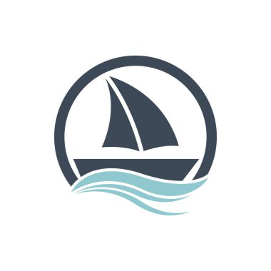 Logo tasarımı basit bir gemiyle okyanus dalgasında yüzen yelkenli.