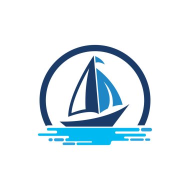 Logo tasarımı basit bir gemiyle okyanus dalgasında yüzen yelkenli.