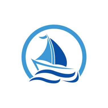 Logo tasarımı basit bir gemiyle okyanus dalgasında yüzen yelkenli.