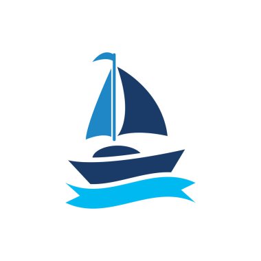 Logo tasarımı basit bir gemiyle okyanus dalgasında yüzen yelkenli.