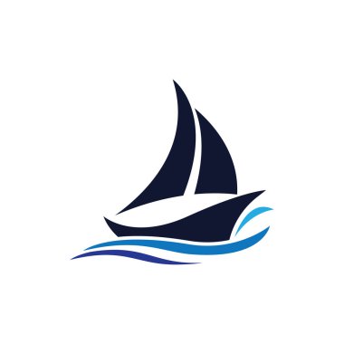 Logo tasarımı basit bir gemiyle okyanus dalgasında yüzen yelkenli.