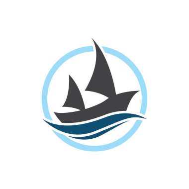 Logo tasarımı basit bir gemiyle okyanus dalgasında yüzen yelkenli.