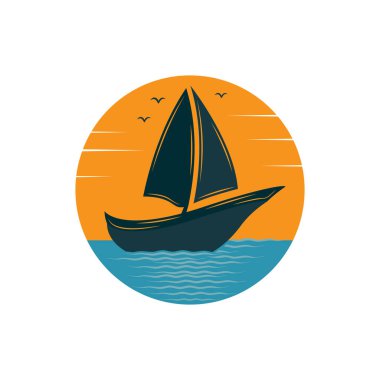 Logo tasarımı basit bir gemiyle okyanus dalgasında yüzen yelkenli.