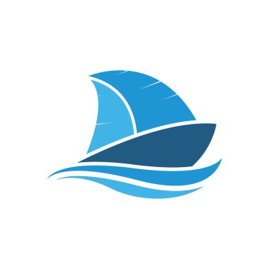 Logo tasarımı basit bir gemiyle okyanus dalgasında yüzen yelkenli.