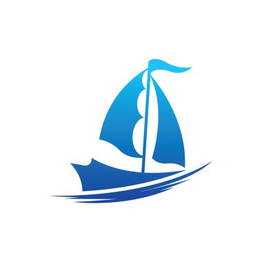 Logo tasarımı basit bir gemiyle okyanus dalgasında yüzen yelkenli.