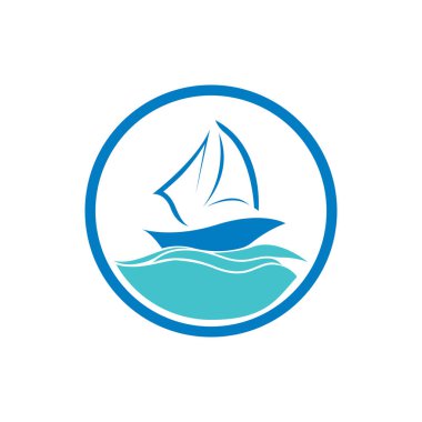 Logo tasarımı basit bir gemiyle okyanus dalgasında yüzen yelkenli.