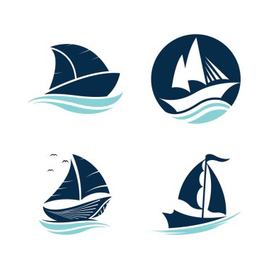 Logo tasarımı basit bir gemiyle okyanus dalgasında yüzen yelkenli.