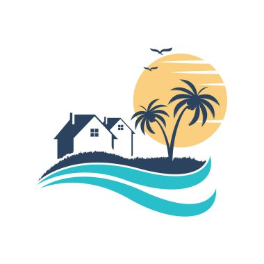 Minimalist gün batımı simgesi sahil evi logosu tasarım şablonu