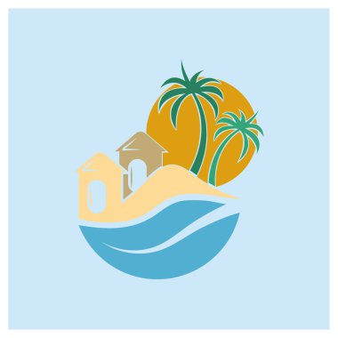 Minimalist gün batımı simgesi sahil evi logosu tasarım şablonu
