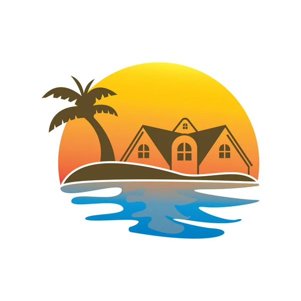Icono Minimalista Sunset Beach House Logo Design Template — Archivo Imágenes Vectoriales