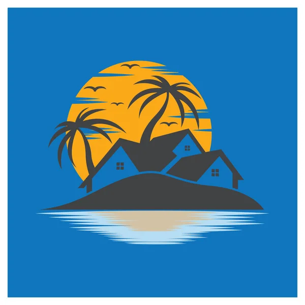 Icono Minimalista Sunset Beach House Logo Design Template — Vector de stock