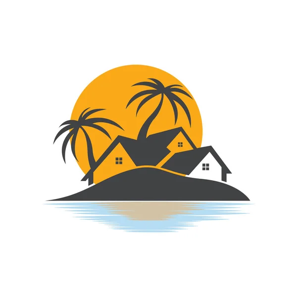 Minimalist Icon Sunset Beach House Logo Design Template Stock Vector