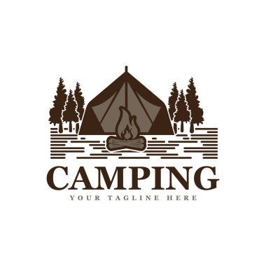 Çam ağaçları ve kamp çadırı desenli logo tasarımı vektör çizimi