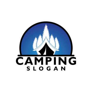 Çam ağaçları ve kamp çadırı desenli logo tasarımı vektör çizimi