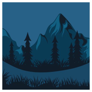 Dağların güzel manzarası çam ağaçları ve ay tasarım vektörü