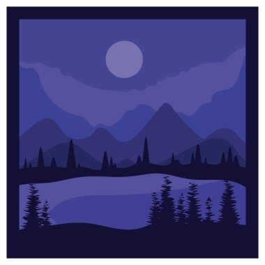 Dağların güzel manzarası çam ağaçları ve ay tasarım vektörü