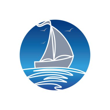 Logo tasarımı basit bir gemiyle okyanus dalgasında yüzen yelkenli.