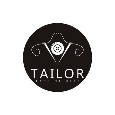 elbise, iplik ve dikiş makinesi, giyim ürünleri tasarımı, nakliye şirketleri, moda vektör formu için düğmelerin kombinasyonu logo resimleme şablonu