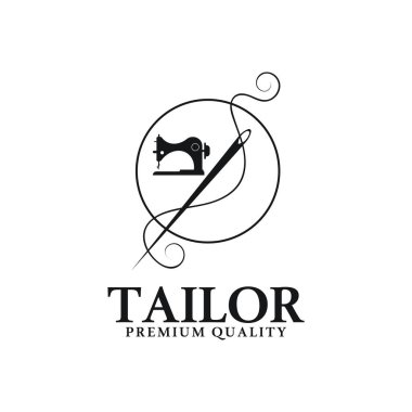 elbise, iplik ve dikiş makinesi, giyim ürünleri tasarımı, nakliye şirketleri, moda vektör formu için düğmelerin kombinasyonu logo resimleme şablonu