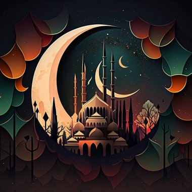 Fantastik bir gökyüzü ile birlikte, ay ışığı altındaki bir caminin silueti Ramazan ayı ve Kurban Bayramı hakkında yapay zeka tarafından oluşturuldu..