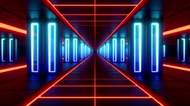 Kırmızı panelleri ve mavi parlak sütunları olan soyut bir gökkurgu koridoru. 3d canlandırma