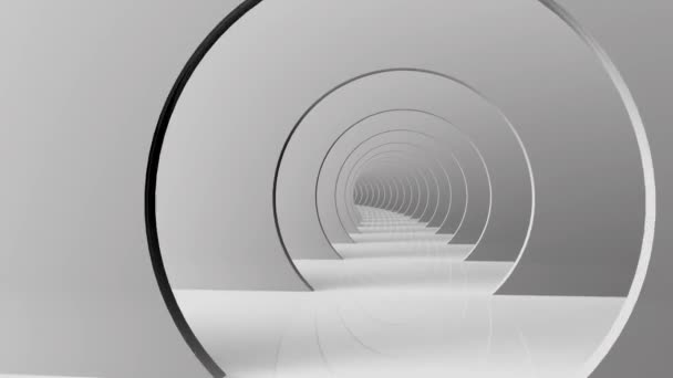 Lot Futurystycznym Białym Tunelem Okrągłymi Drzwiami Białymi Ścianami Jasnym Światłem — Wideo stockowe