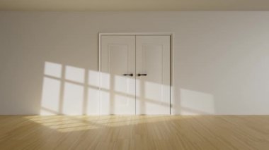 In a room with white walls and a wooden floor, doors open and a bright shining light shines behind them, the camera moves into the doorway, minimalistic design, 3d render