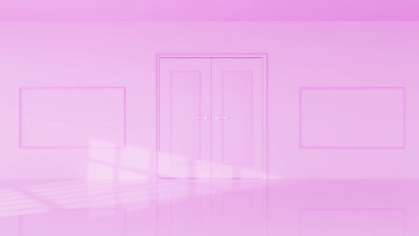 门在粉红的房间里敞开着 身后闪烁着明亮的光芒 相机开进了门 简约的设计 3D渲染 — 图库视频影像