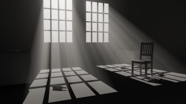 黑暗的房间里 有一把孤零零的椅子 空瓶子躺在地板上 明亮的灯光照亮了房间 3D动画 — 图库视频影像