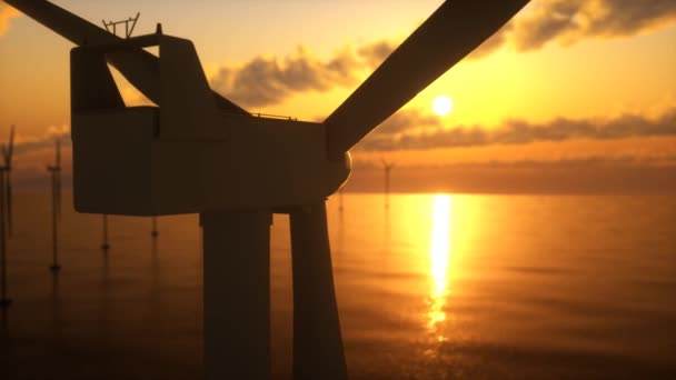 Günbatımında Okyanusta Rüzgar Türbini Boyutlu Canlandırma — Stok video