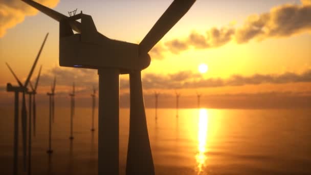 Turbiny Wiatrowe Oceanie Zachodzie Słońca Animacja — Wideo stockowe