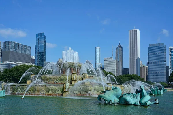 Chicago Skyline Centre Ville Vue Depuis Fontaine Grant Park — Photo
